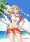  1girl beads belt blonde_hair blue_eyes braid breasts chrono_cross cleavage crop_top funtarunta gloves highres jewelry kid_(chrono_cross) long_hair looking_at_viewer midriff miniskirt navel necklace ponytail single_braid skirt smile solo vest 