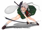  1girl black_ribbon blue_eyes brown_footwear character_name fighting_stance floating_hair full_body gotoh510 green_skirt hair_ribbon highres holding holding_sword holding_weapon katana konpaku_youmu konpaku_youmu_(ghost) necktie red_neckwear ribbon sheath shoes silver_hair simple_background skirt skirt_set socks solo sword touhou unsheathed vest weapon white_background white_legwear 