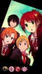  2boys 2girls black_hair blonde_hair blue_eyes clouds green_eyes hair_ornament looking_at_viewer looking_down multiple_boys multiple_girls necktie orange_hair photo pink_eyes redhead school_uniform sky text violet_eyes 