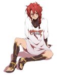  1boy absurdres alexander_(fate/grand_order) arm_support braid fate/grand_order fate_(series) highres long_hair looking_at_viewer male_focus oversized_clothes red_eyes sato_(14111_3103) sensha_otoko shadow simple_background sitting smile solo white_background 