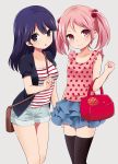  2girls :o alternate_costume bag bangs between_breasts black_legwear blue_eyes blue_hair casual collarbone food_print hair_bobbles hair_ornament handbag ica jacket kantai_collection layered_skirt long_hair looking_at_viewer multiple_girls parted_lips pink_eyes pink_hair sazanami_(kantai_collection) shirt short_hair short_sleeves shorts smile strap_cleavage strawberry_print striped striped_shirt tank_top thigh-highs twintails ushio_(kantai_collection) 