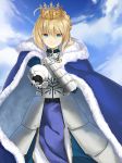  ahoge armor armored_dress artoria_pendragon_(all) blonde_hair blue_cape blue_skirt braid breastplate cape capelet clouds crown fate/grand_order fate_(series) french_braid fur-trimmed_cape fur_trim green_eyes hair_between_eyes hand_on_own_chest highres outstretched_arm saber skirt smile z_w_(adsfe) 