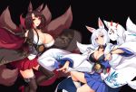  2girls absurdres akagi_(azur_lane) animal_ears azur_lane black_hair blue_eyes blush breasts cleavage fox_ears fox_tail highres japanese_clothes kaga_(azur_lane) large_breasts long_hair looking_at_viewer multiple_girls multiple_tails ouma_tokiichi parted_lips red_eyes short_hair silver_hair tail 