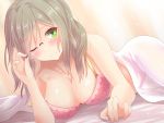  1girl ;) adjusting_eyewear blush bra breasts cleavage closed_mouth collarbone glasses green_eyes grey_hair highres kantai_collection katori_(kantai_collection) large_breasts long_hair looking_at_viewer lying on_stomach one_eye_closed pink_bra rimless_eyewear smile solo strap_slip twinameless under_covers underwear 