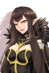  1girl assassin_of_red bare_shoulders black_dress black_hair breasts detached_sleeves dress fate/apocrypha fate_(series) fur_trim highres large_breasts long_hair looking_at_viewer open_mouth pointy_ears shuugetsu_karasu smile solo upper_body very_long_hair yellow_eyes 