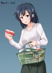  1girl anti_(untea9) blue_hair breasts collarbone commentary cowboy_shot gradient gradient_background hair_down hair_ornament hairclip highres holding_basket instant_ramen kantai_collection large_breasts long_skirt looking_at_viewer ribbed_sweater shopping_basket skirt solo souryuu_(kantai_collection) sweatdrop sweater twitter_username white_sweater 