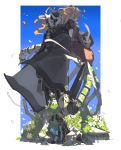  black_cape black_eyes black_hair blonde_hair bone boots cape closed_mouth flower gloves grin headwear_removed helmet helmet_removed highres lyza made_in_abyss moss multicolored_hair multiple_girls ozen pants short_hair sitting skeleton smile two-tone_hair whistle 