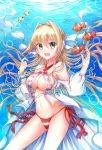  1girl bikini blonde_hair cowboy_shot criss-cross_halter fate/extra fate/grand_order fate_(series) fish green_eyes hair_intakes halter_top halterneck highres nero_claudius_(swimsuit_caster)_(fate) open_mouth red_bikini saber_extra side-tie_bikini soda_(sodachuxd) solo striped striped_bikini swimsuit twintails underwater 