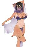  1girl :d arm_up armpits black_hair blue_eyes bracelet breasts cleavage dancer fang hair_between_eyes highres jewelry kagemusha large_breasts leg_up loincloth looking_at_viewer navel one-piece_tan open_mouth original short_hair skindentation smile solo stomach tan tanline thighlet veil 