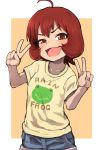  &gt;:) 1girl :d ahoge animal_print bangs blue_shorts breasts clothes_writing collarbone denim denim_shorts double_v eyebrows_visible_through_hair frog_print gazacy_(dai) highres idolmaster idolmaster_cinderella_girls looking_at_viewer open_mouth orange_eyes redhead shirt short_hair short_shorts short_sleeves shorts sketch small_breasts smile solo square t-shirt ueda_suzuho upper_body v wavy_mouth yellow_background yellow_shirt 