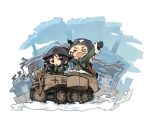  &gt;_&lt; 2girls :d black_eyes black_gloves black_hair blonde_hair blush building chibi chito_(shoujo_shuumatsu_ryokou) clenched_hand eyebrows_visible_through_hair full_body fur_trim gloves green_coat gun hair_between_eyes hand_on_headwear helmet hooded_coat itukitasuku jitome kettenkrad multiple_girls open_mouth outstretched_arm rifle shoujo_shuumatsu_ryokou sitting smile v-shaped_eyebrows weapon white_background yuuri_(shoujo_shuumatsu_ryokou) 