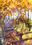  1girl animal_ears belt blonde_hair boots brown_eyes commentary_request day dress fennec_fox forest fox_ears fox_tail frilled_dress frills highres light_particles looking_at_viewer multiple_tails mushroom nature okishiji_en one_eye_closed original outdoors short_hair smile solo tail tree 
