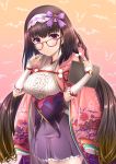  10t 1girl black_hair blush breasts brown_hair fate/grand_order fate_(series) glasses gradient_hair hairband japanese_clothes large_breasts long_hair looking_at_viewer low_twintails multicolored_hair osakabe-hime_(fate/grand_order) purple_skirt skirt solo tablet_pc twintails very_long_hair violet_eyes 