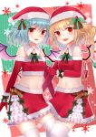  2girls absurdres alternate_costume bare_shoulders bat_wings belt blonde_hair blue_hair blush christmas detached_collar elbow_gloves fang flandre_scarlet gloves hair_ornament hat highres holly holly_hair_ornament looking_at_viewer midriff miniskirt multiple_girls open_mouth red_eyes red_gloves remilia_scarlet sakipsakip santa_costume santa_hat siblings sisters skirt smile snowflakes strapless thigh-highs touhou tubetop white_legwear wings zettai_ryouiki 