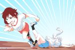  2girls commentary_request fallen_down gym_shirt gym_shorts gym_uniform multiple_girls redhead ruby_rose running rwby shirt shoes shorts sneakers track_and_field weiss_schnee white_hair 