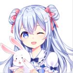  1girl ;d animal blue_eyes blue_hair blue_shirt blush bow bunny_hair_ornament chuor_(chuochuoi) commentary_request double_bun fang hair_bow hair_ornament hair_ribbon head_tilt holding holding_animal long_hair looking_at_viewer one_eye_closed open_mouth original pink_bow pink_ribbon puffy_short_sleeves puffy_sleeves rabbit ribbon shirt short_sleeves simple_background smile solo white_background 