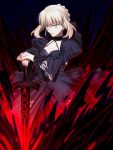  1girl artoria_pendragon_(all) black_dress blonde_hair breasts cleavage dark_excalibur dress fate/stay_night fate_(series) pale_skin saber_alter sen_(77nuvola) solo yellow_eyes 