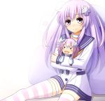  1girl bangs blush character_doll d-pad doria_(5073726) hair_ornament holding long_hair looking_at_viewer nepgear neptune_(choujigen_game_neptune) neptune_(series) plushie purple_hair sitting smile solo striped striped_legwear stuffed_toy violet_eyes 