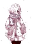  1girl blush coat covered_mouth cowboy_shot earmuffs hair_over_one_eye hands_in_sleeves idolmaster idolmaster_cinderella_girls long_sleeves looking_at_viewer one_eye_covered scarf scarf_over_mouth shirasaka_koume short_hair simple_background solo soubi standing white_background winter_clothes winter_coat 
