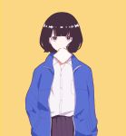  1girl black_hair blue_jacket bread breast_pocket collared_shirt cowboy_shot food gumi. hand_in_pocket jacket long_sleeves looking_at_viewer mouth_hold original pleated_skirt pocket purple_skirt shirt short_hair simple_background skirt solo standing white_shirt yellow_background 