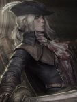  1girl belt blood bloodborne bloody_clothes cape cravat deviantart_username gloves grey_hair hat hat_feather highres lady_maria_of_the_astral_clocktower looking_to_the_side mirco_cabbia patreon_username ponytail serious solo sword watermark weapon web_address 