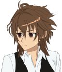  1boy ahoge bangs brown_eyes brown_hair eyebrows_visible_through_hair fate/apocrypha fate_(series) male_focus shirt short_hair sieg_(fate/apocrypha) solo waistcoat white_shirt yujiomega 