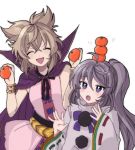  &gt;:d 2girls ahoge bangs blue_eyes brown_hair cape closed_eyes commentary_request eyebrows_visible_through_hair food food_on_head fruit fruit_on_head grey_hair hair_between_eyes holding holding_fruit long_hair long_sleeves mandarin_orange mononobe_no_futo multiple_girls object_on_head open_mouth pointy_hair ponytail purple_cape ribbon-trimmed_sleeves ribbon_trim short_hair simple_background touhou toyosatomimi_no_miko white_background wide_sleeves 
