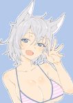  1girl :d absurdres animal_ears bare_arms bare_shoulders bikini blue_background blue_eyes blush breasts donguri_suzume eyebrows_visible_through_hair fang fingernails hair_between_eyes hand_up highres large_breasts looking_at_viewer nail_polish open_mouth purple_nails short_hair silver_hair simple_background smile solo striped striped_bikini swimsuit upper_body waving 