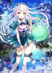  1girl aqua_dress bangs blue blue_sky blurry blush braid breasts cleavage crown_braid dandelion day depth_of_field dress floating_hair flower gem hairband hand_up keepout long_hair looking_at_viewer medium_breasts original outdoors parted_lips see-through sidelocks sky slime smile snow solo thigh-highs thighs tree tsurime white_legwear 
