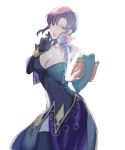  1girl black_legwear blue_eyes book breasts capelet cleavage dress earrings elbow_gloves finger_to_mouth fire_emblem fire_emblem:_rekka_no_ken fire_emblem_heroes gloves holding holding_book jewelry krazehkai large_breasts magic medium_hair purple_dress purple_hair side_slit solo thigh-highs ursula_(fire_emblem) white_background 