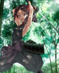  1girl armpits arms_up bangs black_hair black_pants blue_eyes blush bow breasts commentary_request dappled_sunlight erect_nipples flower forest hair_flower hair_ornament halterneck highres holding holding_sword holding_weapon inoumu jpeg_artifacts katana legs_apart nature open_mouth outdoors pants parted_bangs princess_principal puffy_pants purple_bow ribs small_breasts solo standing sunlight sword toudou_chise tree v-shaped_eyebrows weapon 