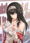  1girl artist_request black_hair blue_eyes blush book breasts commentary_request hairband highres holding holding_book idolmaster idolmaster_cinderella_girls jewelry large_breasts long_hair looking_at_viewer off-shoulder_sweater pendant sagisawa_fumika shawl solo sweater v 