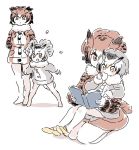  2girls bird_tail book brown_coat coat eating eurasian_eagle_owl_(kemono_friends) feathers fur_collar grey_coat head_wings kemono_friends mitsumoto_jouji multiple_girls northern_white-faced_owl_(kemono_friends) reading simple_background size_difference translation_request white_background 