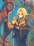  1girl artist_request blonde_hair braid capelet choker dungeon_meshi elf fire forest french_braid green_eyes highres long_hair mage marcille nature pointy_ears robe smile solo staff standing 