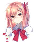  1girl bangs blush bow braid collared_shirt eyebrows_visible_through_hair eyes_visible_through_hair farcher girls_frontline glasses hair_between_eyes hair_ornament hairclip head_tilt hexagram highres long_hair looking_at_viewer military military_uniform negev_(girls_frontline) petals pink_hair red_bow red_eyes red_ribbon ribbon semi-rimless_eyewear shirt side_braid side_ponytail sidelocks simple_background single_braid smile solo star_of_david tied_hair uniform upper_body white_background 