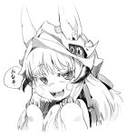  1girl :3 :d animal_ears bangs ears_through_headwear eyebrows_visible_through_hair greyscale hat highres horns long_hair made_in_abyss monochrome nanachi_(made_in_abyss) open_mouth paws simple_background smile smug solo speech_bubble topless tuxedo_de_cat upper_body whiskers white_background 