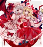  2girls abandon_ranka ascot bat_wings blonde_hair bow crystal dress fingernails flandre_scarlet full_body hat hat_bow laevatein looking_at_viewer mob_cap moon multiple_girls nail_polish night night_sky open_mouth petticoat pointy_ears puffy_sleeves red_eyes red_moon remilia_scarlet sash sharp_fingernails shirt shoes short_hair short_sleeves siblings side_ponytail silver_hair sisters skirt skirt_set sky smile spear_the_gungnir touhou vest wings wrist_cuffs 