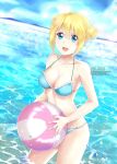  1girl :d alternate_hairstyle artist_name ball beachball bikini blend_s blonde_hair blue_bikini blue_eyes blurry breasts clouds collarbone day depth_of_field double_bun dutch_angle hair_between_eyes halterneck highres hinata_kaho holding large_breasts looking_at_viewer open_mouth outdoors rei_kun short_hair sky smile solo sparkle standing strap_gap water water_drop watermark web_address 