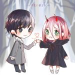 1boy 1girl bandage black_cloak black_footwear black_hair black_pants blue_eyes blush cloak coat commentary_request couple darling_in_the_franxx eyebrows_visible_through_hair fur_trim green_eyes grey_coat hand_holding hetero hiro_(darling_in_the_franxx) hood hooded_cloak horns long_hair looking_at_viewer oni_horns pants parka pink_hair red_horns red_pupils shoes short_hair translated tree winter_clothes winter_coat younger zero_two_(darling_in_the_franxx) zhelizhizi 