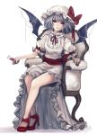  1girl bare_legs bat_wings blue_hair bow chair cup drinking_glass fingernails full_body hat hat_bow high_heels highres holding holding_drinking_glass kyogoku-uru long_fingernails looking_at_viewer mob_cap nail_polish puffy_short_sleeves puffy_sleeves red_bow red_eyes red_footwear red_nails remilia_scarlet sash shoe_bow shoes short_sleeves simple_background sitting skirt solo touhou white_background white_hat white_skirt wings 