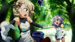  2girls azur_lane bangs bare_shoulders black_gloves blonde_hair blue_eyes blue_scarf blush bow bracelet crown dappled_sunlight day dress elbow_gloves eye_contact eyebrows_visible_through_hair foreshortening forest gloves green_eyes hair_bow hair_ornament hand_holding highres javelin_(azur_lane) jewelry looking_at_another mini_crown multiple_girls nature open_mouth outdoors perspective purple_hair running scarf short_dress short_hair single_glove sunlight tomato_(lsj44867) tree white_dress white_gloves z23_(azur_lane) 