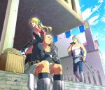  1girl blonde_hair boots breasts chimaki_(impressiveanarchy) dress earrings elbow_gloves gloves jewelry long_hair looking_at_viewer multiple_boys myriam_(saga) open_mouth romancing_saga_minstrel_song saga short_hair sideboob smile sword thigh-highs thigh_boots twintails weapon 