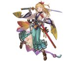  1girl aqua_eyes arm_guards bangs blonde_hair bridal_gauntlets character_request granblue_fantasy hair_ornament holding holding_sword holding_weapon japanese_clothes katana minaba_hideo official_art one_eye_closed open_mouth sheath solo sword transparent_background weapon wide_sleeves 