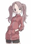  1girl absurdres bike_shorts brown_hair closed_mouth cowboy_shot hands_in_sleeves highres jacket long_hair long_sleeves looking_away red_jacket simple_background solo standing track_jacket twintails white_background yamamoto_souichirou 
