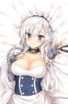  1girl azur_lane bed_sheet belfast_(azur_lane) black_gloves blue_eyes blush body_mahattaya_ginga braid breasts chains cleavage closed_mouth collar collarbone corset dress elbow_gloves eyebrows_visible_through_hair fingerless_gloves french_braid from_above gloves hand_on_own_chest large_breasts long_hair looking_at_viewer lying maid_headdress on_back on_bed outstretched_arm reaching_out shiny shiny_hair silver_hair sleeveless sleeveless_dress smile solo tareme turret upper_body very_long_hair white_dress 