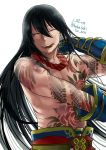  1boy abs artist_name black_hair chest_tattoo closed_eyes commentary_request fate/grand_order fate_(series) hair_between_eyes long_hair lr_hijikata male_focus muscle ponytail shirtless simple_background smile tattoo twitter_username upper_body white_background yan_qing_(fate/grand_order) 