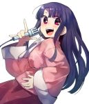  1girl :d anarogumaaa bangs black_hair blush commentary_request cowboy_shot eyebrows_visible_through_hair from_side hand_up holding holding_microphone houraisan_kaguya long_hair long_sleeves looking_at_viewer microphone open_mouth pink_eyes sidelocks simple_background smile solo touhou white_background 