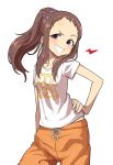  1girl arm_at_side bare_arms blush brown_hair clothes_writing collarbone doyagao forehead gazacy_(dai) grin hair_over_shoulder hand_on_hip highres idolmaster idolmaster_cinderella_girls koseki_reina lightning_bolt long_hair looking_at_viewer oversized_clothes pants ponytail raised_eyebrow scrunchie shirt simple_background smile solo sweatpants t-shirt upper_body violet_eyes white_background white_shirt 