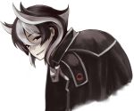  1girl black_eyes black_hair cape darkers eyebrows_visible_through_hair hair_between_eyes hunched_over looking_back made_in_abyss multicolored_hair ozen smirk solo two-tone_hair upper_body white_background white_hair 
