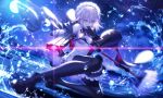  1girl apron artoria_pendragon_(all) artoria_pendragon_(swimsuit_rider_alter) bangs black_legwear blonde_hair breasts commentary_request dutch_angle eyebrows_visible_through_hair fate/grand_order fate_(series) frills glint gun hair_between_eyes handgun highres holding holding_gun holding_weapon hood hoodie kneeling leg_garter magazine maid_bikini mop night night_sky one_knee open_clothes open_hoodie outdoors pistol revision saber saber_alter shinooji sidelocks sky small_breasts solo star_(sky) starry_sky thigh-highs tsurime under_boob waist_apron water_drop weapon yellow_eyes 